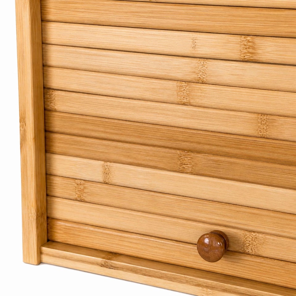 image 1 of Double Layer Roll Top Bamboo Wooden Bread Bin Kitchen Storage | Brown