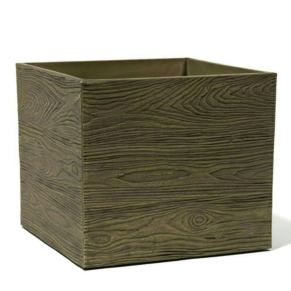 image 1 of Primrose Cube Square Flower Pot Rustic Outdoor Wood-Effect Resin Planter 36cm