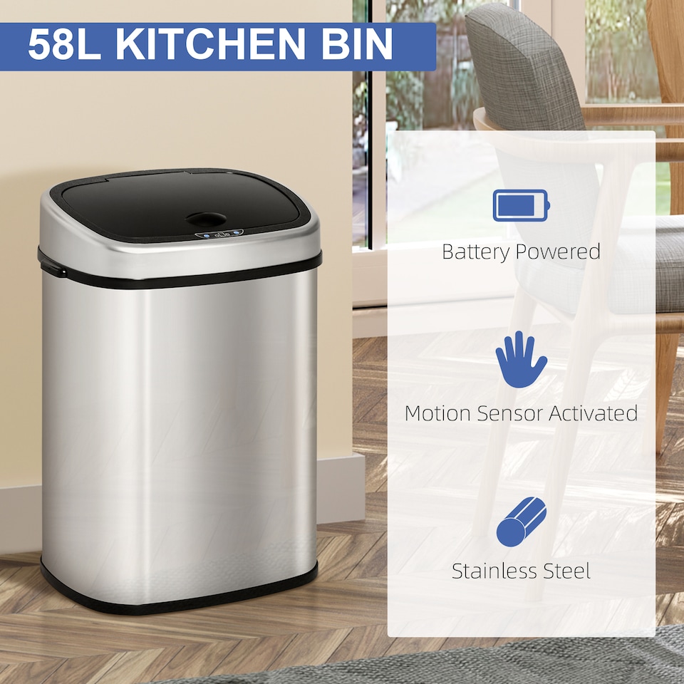 image 1 of HOMCOM Stainless Steel Kitchen Sensor Dustbin Automatic Touchless Rubbish Garbage Waste Bin 58L Silver | Chrome | 1