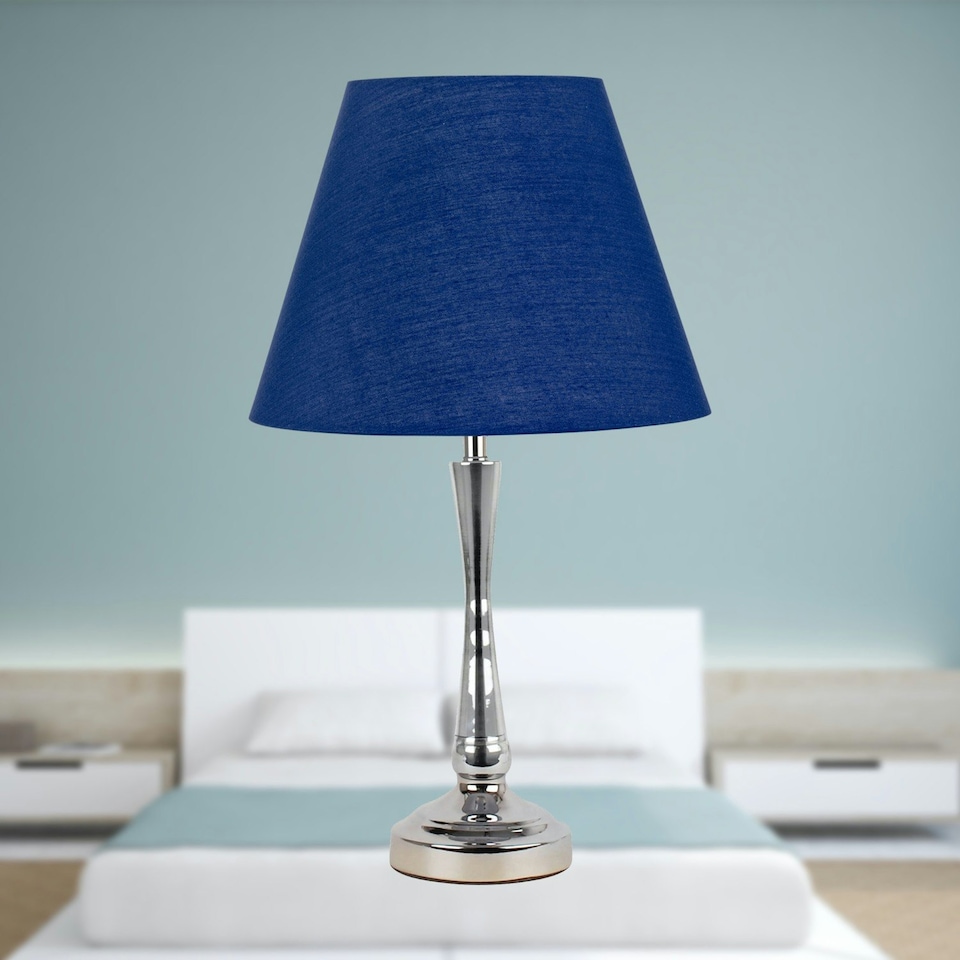 image 1 of Set of 2 Chrome Table Lamps with Stem Detail and Navy Blue Shades Chrome | Blue