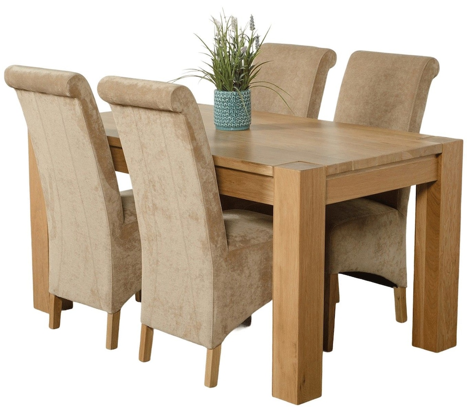 image 1 of Kuba 150 x 85 cm Chunky Medium Oak Dining Table and 4 Montana Fabric Chairs | Brown | Beige