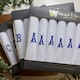 image 2 of Warwick & Vance 7 Pack Of Mens White Satin Bordered Handkerchiefs With & Blue Embroidered Initials, Letter C | White | C