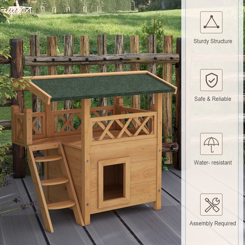 image 1 of PawHut Outdoor Cat House Kitten Shelter Puppy Kennel with Balcony Stairs Asphalt Roof, 77 x 50 x 73 cm