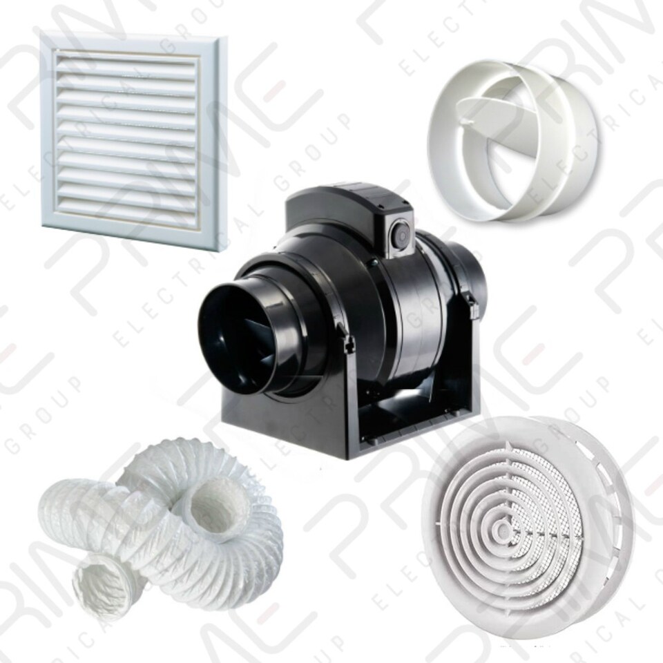 Manrose MF100T In-Line Timer Fan 100mm/4", 6m Flex Duct, White Grilles and backdraught shutter