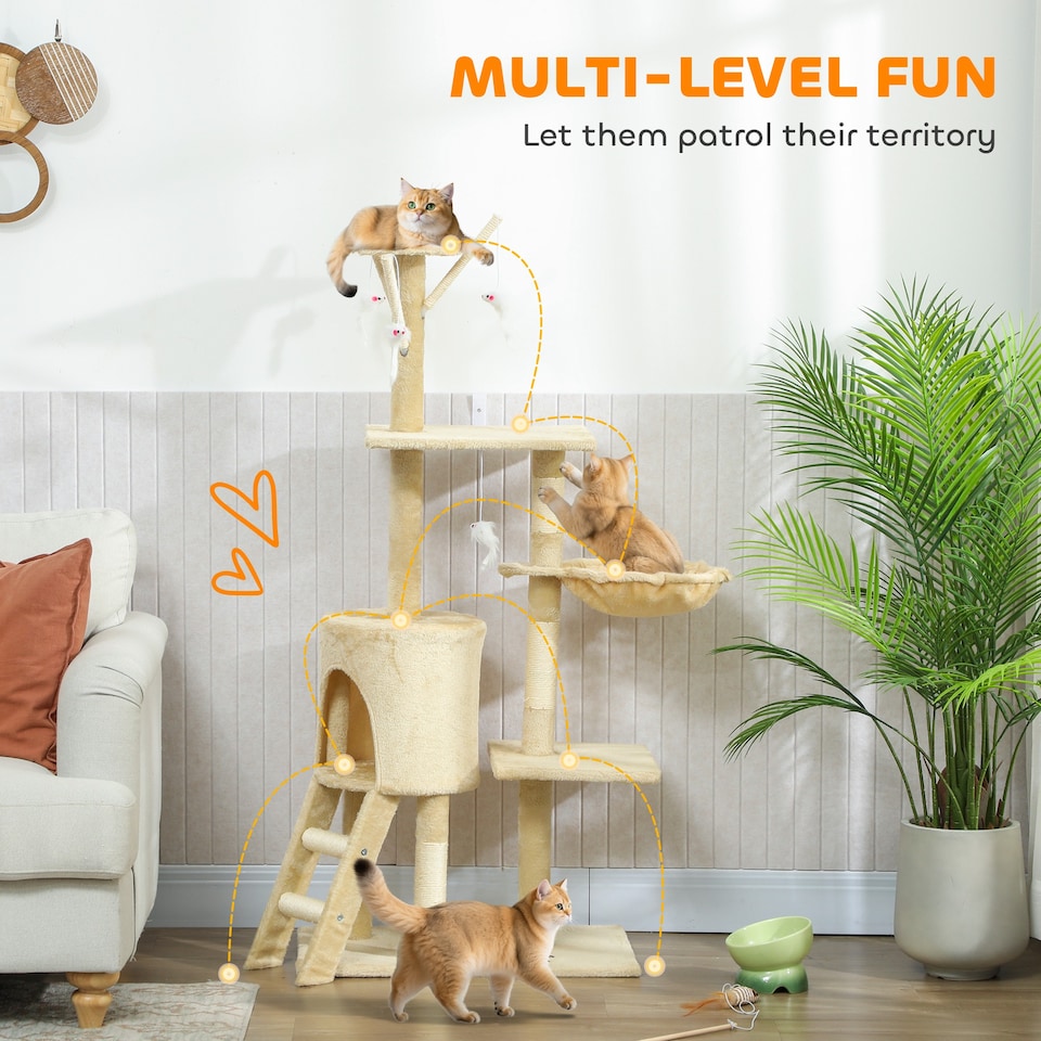 image 1 of PawHut Cat Tree for Indoor Cats, 134cm Scratching Post Climbing Tower, Beige