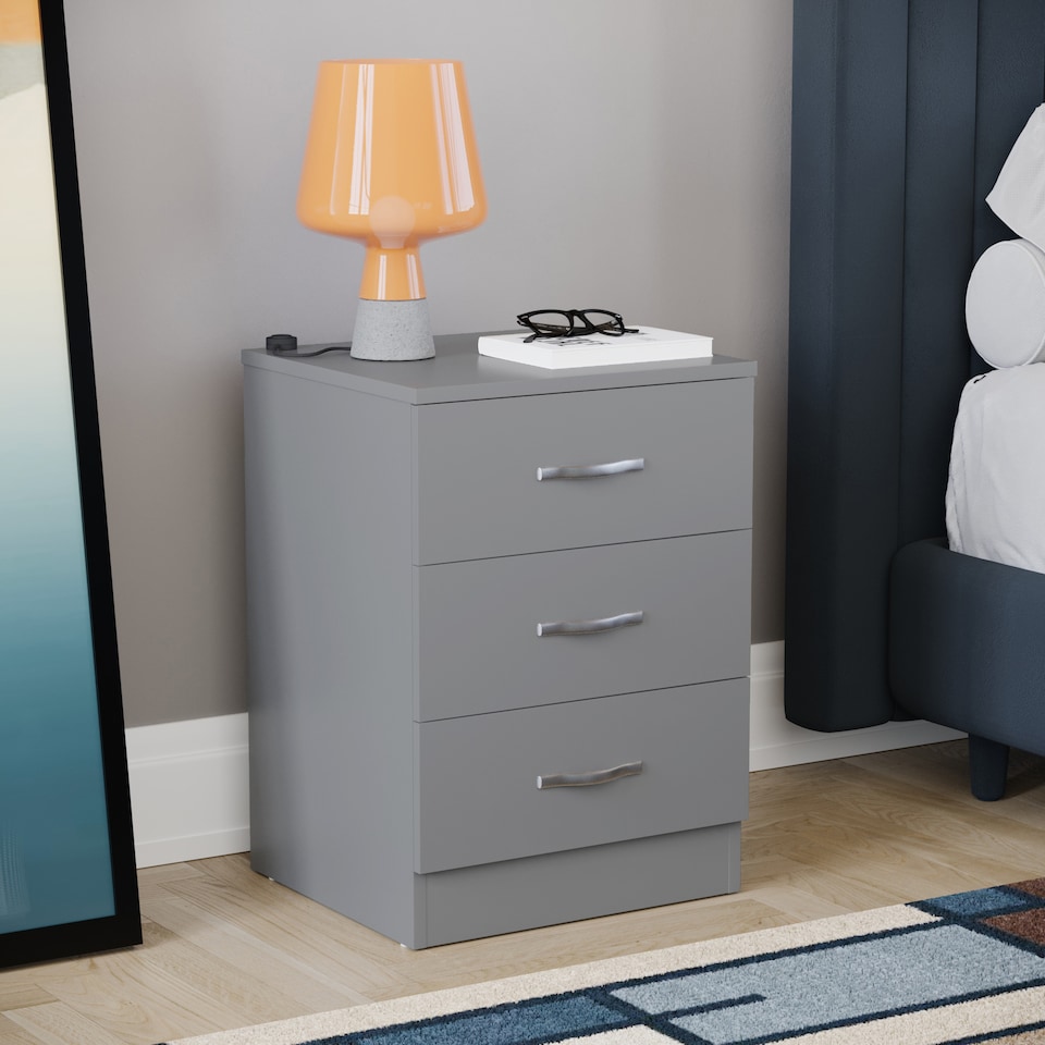 image 1 of Vida Designs Riano 3 Drawer Bedside Chest Cabinet Table Nightstand, Grey