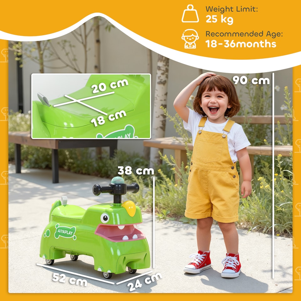 image 1 of AIYAPLAY Kids Ride On Car, Dinosaur Shape Toddler Walker, Green