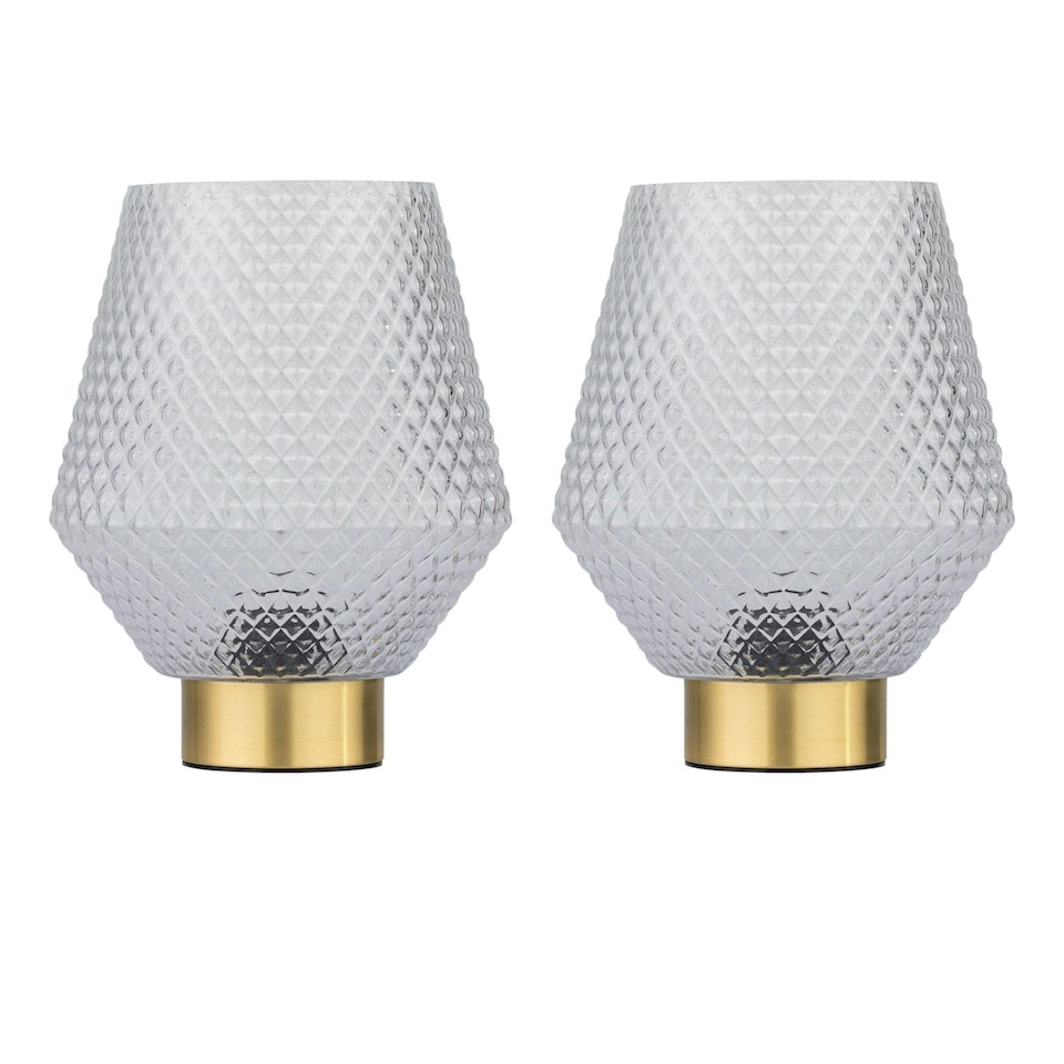 image 1 of Set of 2 Porter - Battery Operated Satin Brass Lamps Clear Tex Glass Bronze | Clear