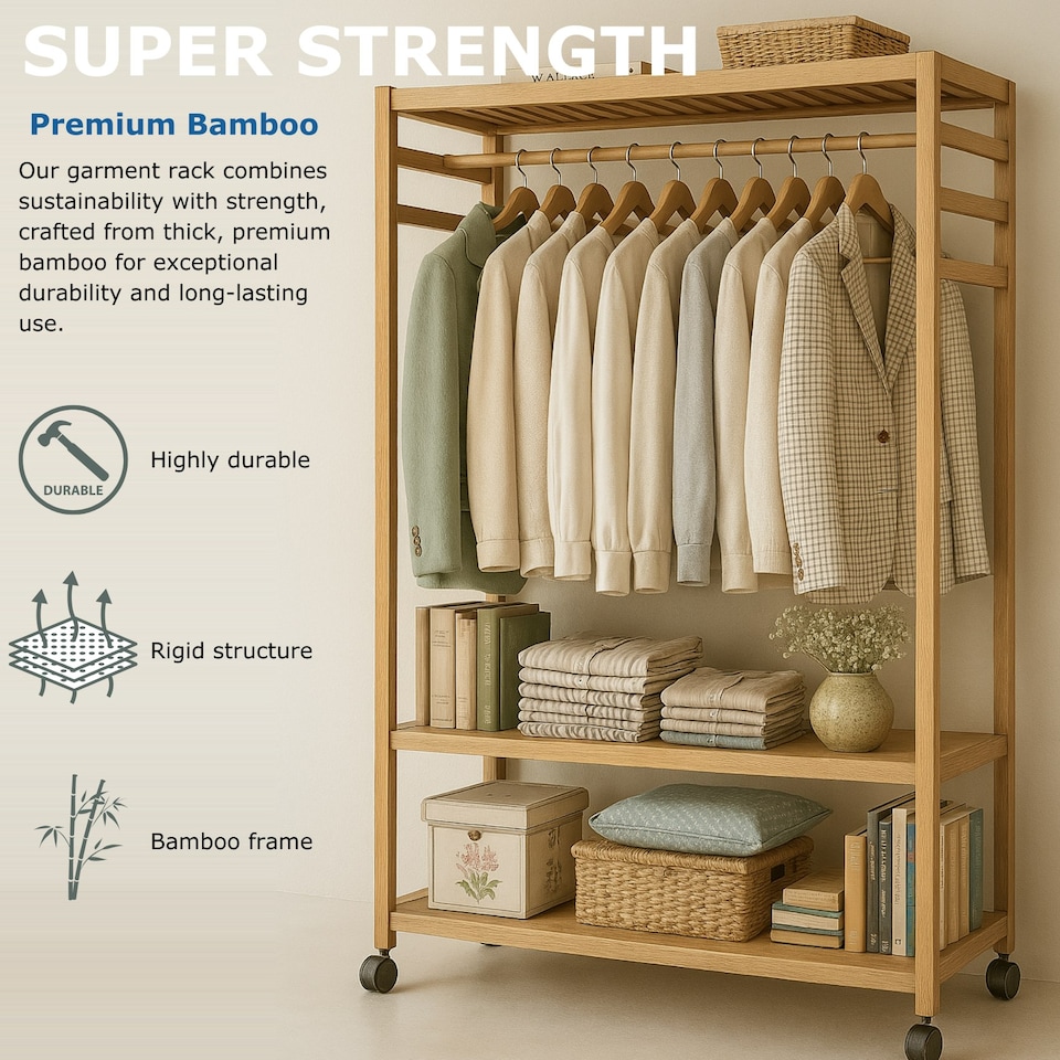 image 1 of Bamboo Clothes Rack | Portable Open Wardrobe with Shoe Storage Brown | One Size