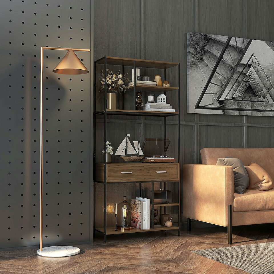 image 1 of HOMCOM 5 Tier Free Standing Book Shelf with 2 Drawers for Study, Living Room