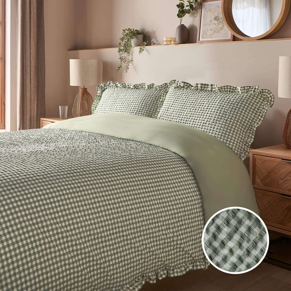image 1 of Silentnight Supersoft Duvet Cover Set, Gingham Ruffle, Sage