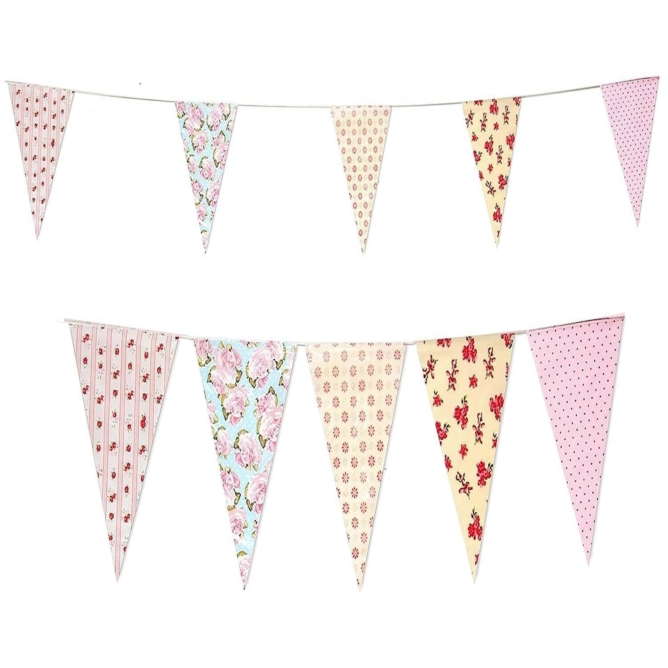 image 1 of Yellow and Peach Shabby Chic Vintage Print Party Bunting with 35 Pennants