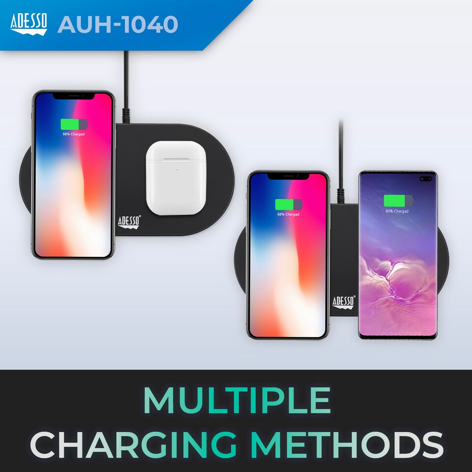 image 1 of Adesso 15W Max Qi-Certified Dual 2-Coil Wireless Fast Charging Pad