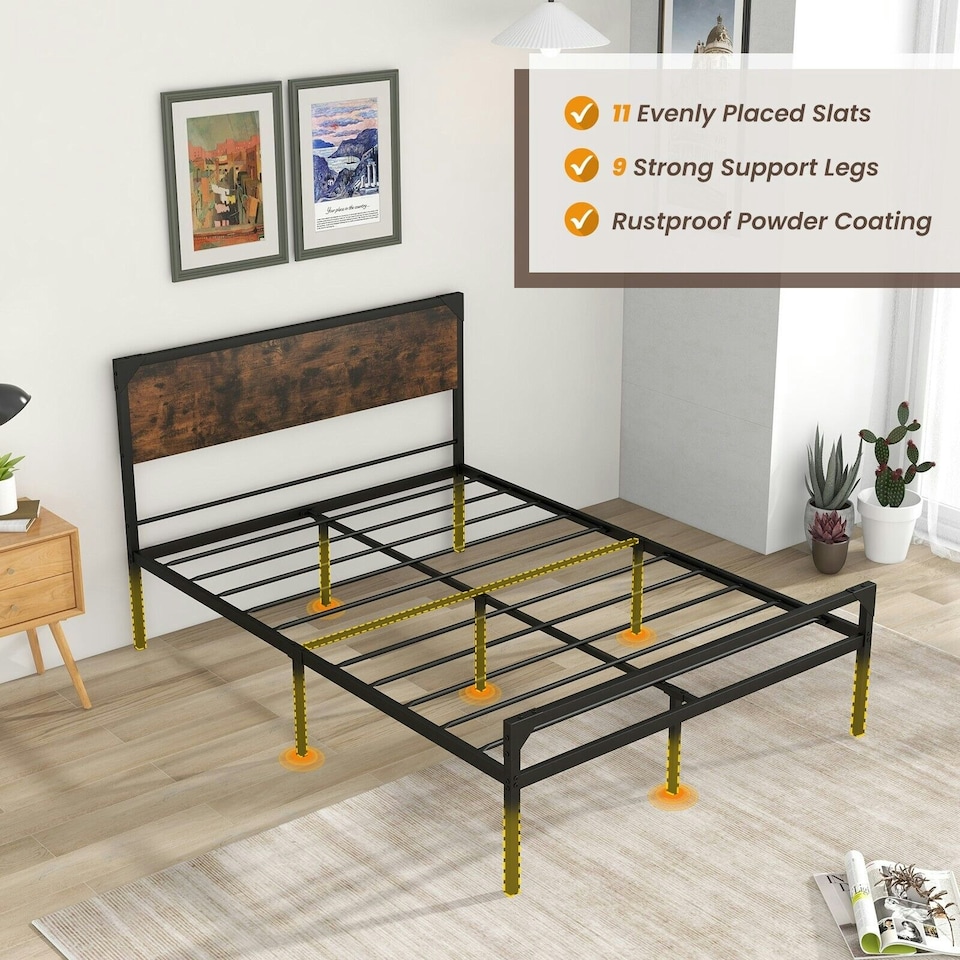 image 1 of COSTWAY Double Bed Frame Platform Bed with Headboard