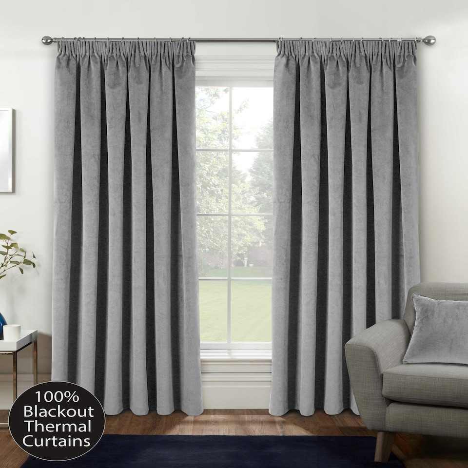 image 1 of Oxford Grey Velvet Curtains 90 x 90 inch (229 x 229 cm) 100% Blackout Pencil Pleat Thermal Noise Reducing Curtains for Bedroom and Living Room
