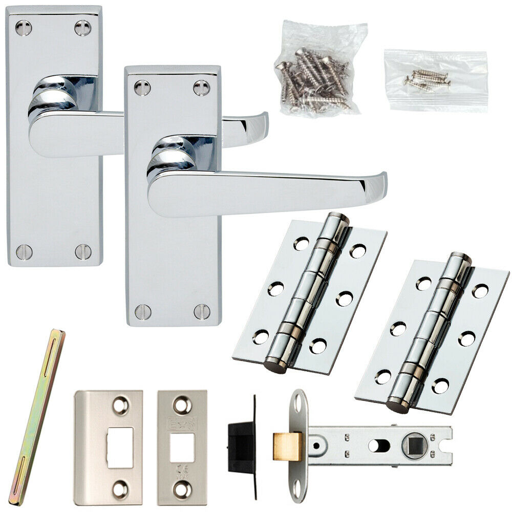 Loops Door Handle & Latch Pack Chrome Victorian Straight Lever on Plate Complete Set