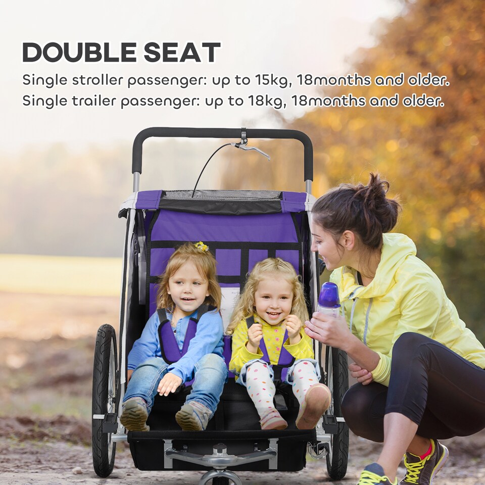 image 1 of HOMCOM 2 Seat Child Bike Trailer, Baby Bicycle Trailer for 2 Kids, Purple | Purple | Purple & Black & White | 155L x 84W x 108H cm