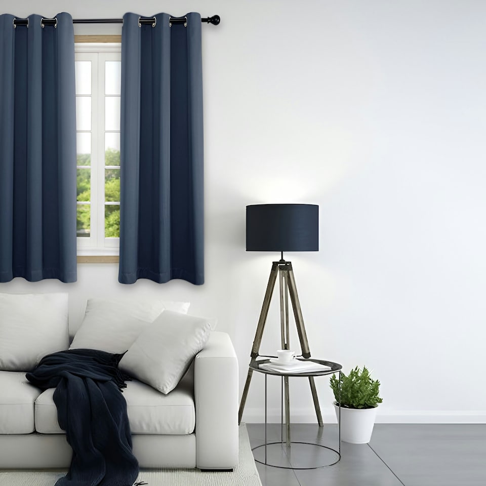 image 1 of Cobalt Dusty Blue Blackout Thermal Eyelet Curtains - 46 x 63 Inch Drop - 2 Panel