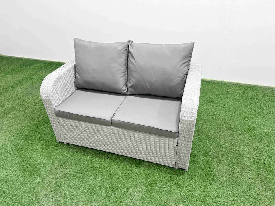 image 1 of Fimous PE Wicker Rattan Furniture Sofa Sets with Oblong Coffee Table Love Sofa 4 Stools 2 Side Table Light Grey Mixed
