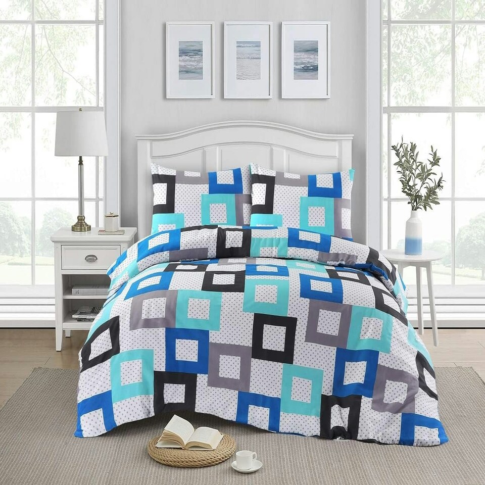 Homes-Linen Geometric Squares Reversible Douglas Luxury Duvet Cover Set – Modern Printed Bedding with Pillowcases Multi | Single