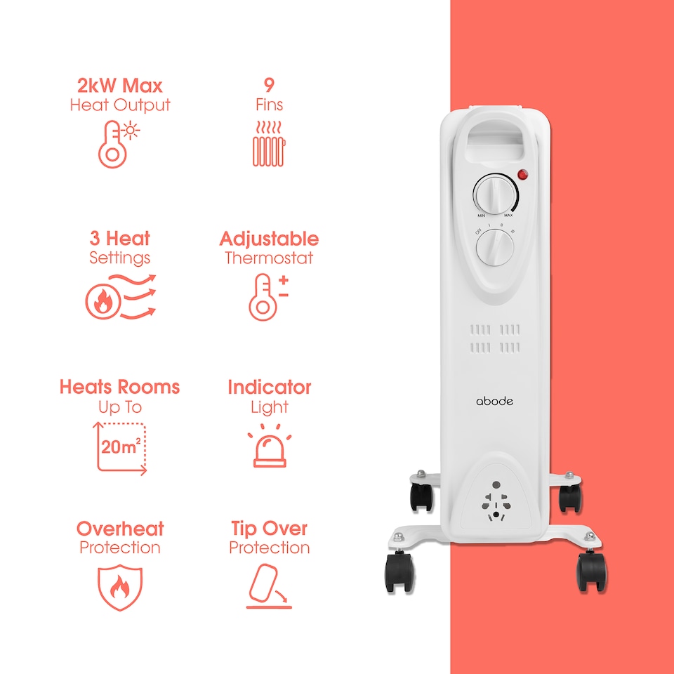 image 1 of Abode AOFR9003 2kW 9 Fin Oil Filled Radiator in White