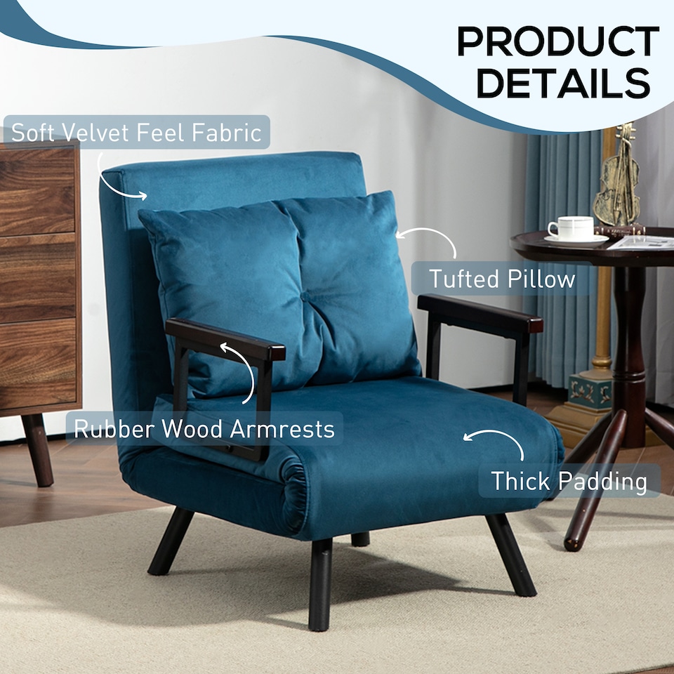 image 1 of HOMCOM Click Clack Single Chair Bed Settee for Living Room, Guest Room, Blue