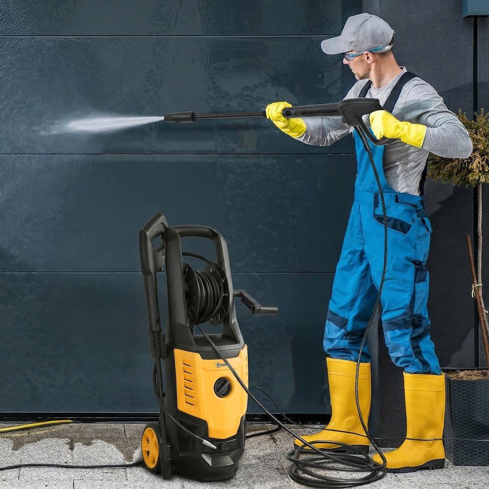 image 1 of Outsunny 2200W Power Washer 170 Bar Pressure with Adjustable Nozzle | Yellow | Yellow | 32W x 32D x 80H cm