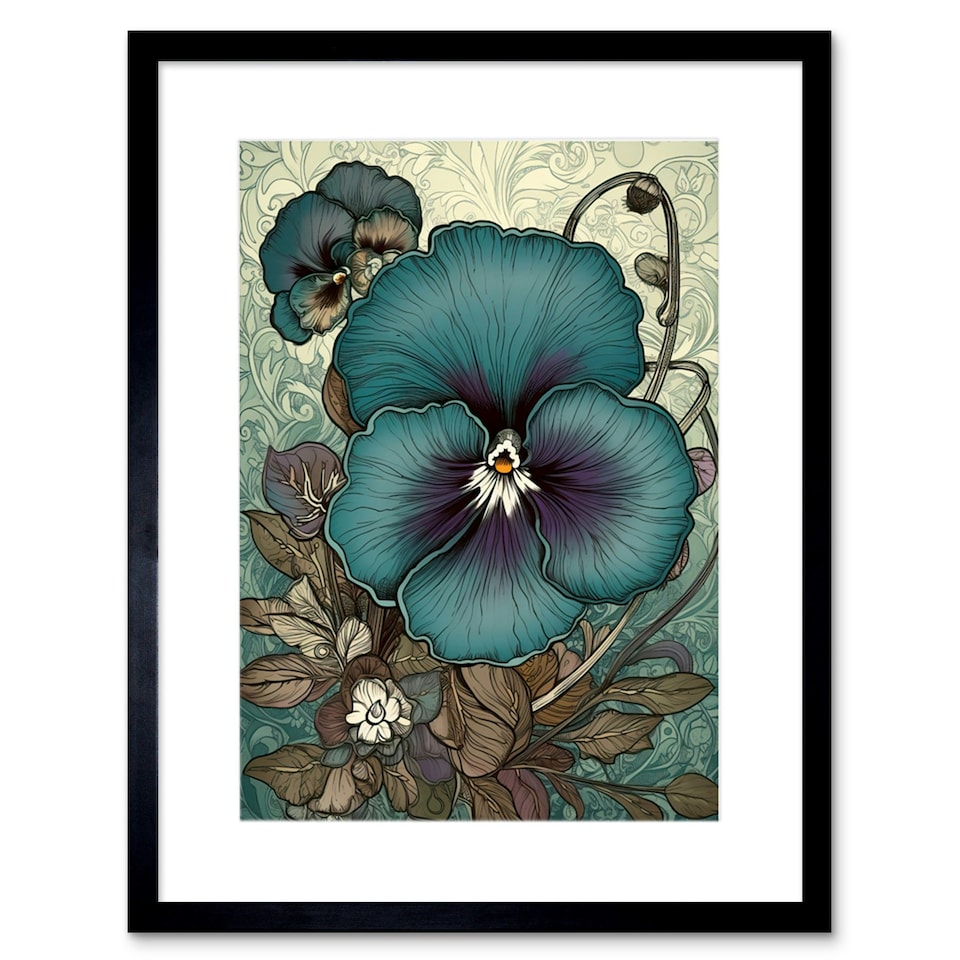 image 1 of Blue Purple Pansy Flower Floral Patterns 9x7" Black Framed Wall Art Print