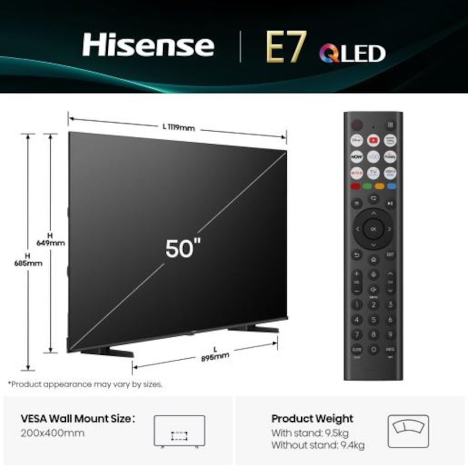 image 1 of Hisense 50E7QTUK 50inch 4K UHD QLED SMART TV WiFi Dolby Atmos