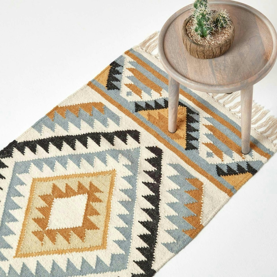 image 1 of Homescapes Agra Handwoven Diamond Kilim Wool Hall Runner - 66 x 200 cm | Multi | Yellow, gold, grey, black and white