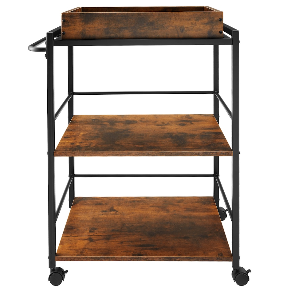 image 1 of Drinks Trolley Worcester - 3 shelves and removable tray, 4 swivel castors with parking brake | Brown | Industrial wood dark, rustic | 65 x 41,50 x 87 cm | 1