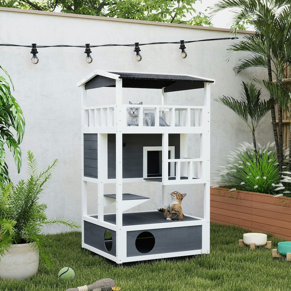 image 1 of PawHut Wooden Outdoor Cat House 3-Tier Kitten Shelter w/ Tilted Roof Grey