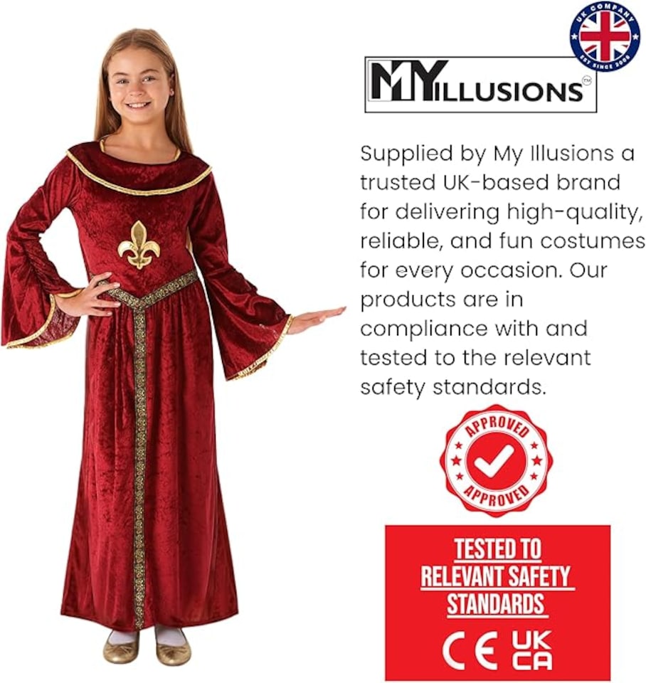 image 1 of Red Tudor Girls Historical Medieval World Book Day Kid Fancy Dress Costume Child(7-9 Years)