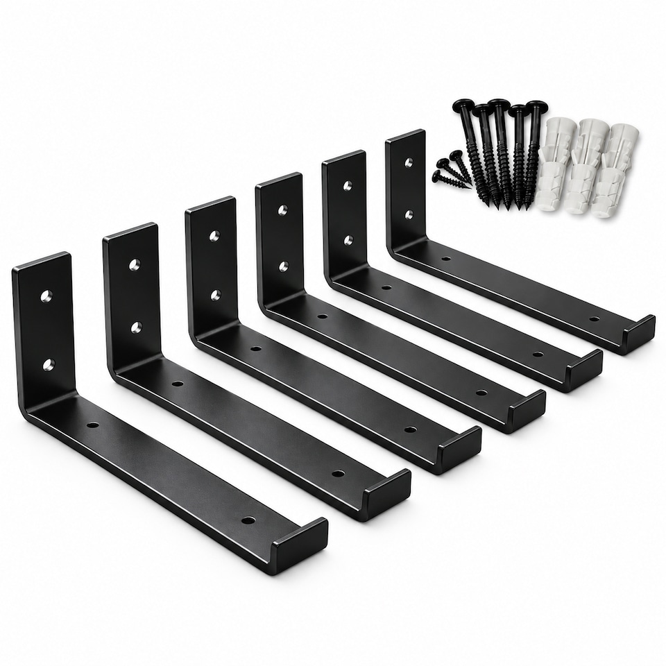 image 1 of MKGT 6 Pack Heavy Duty Scaffold Board Shelf Brackets 225mm, Raw Steel Industrial Wall Mounted Rustic Shelving Supports