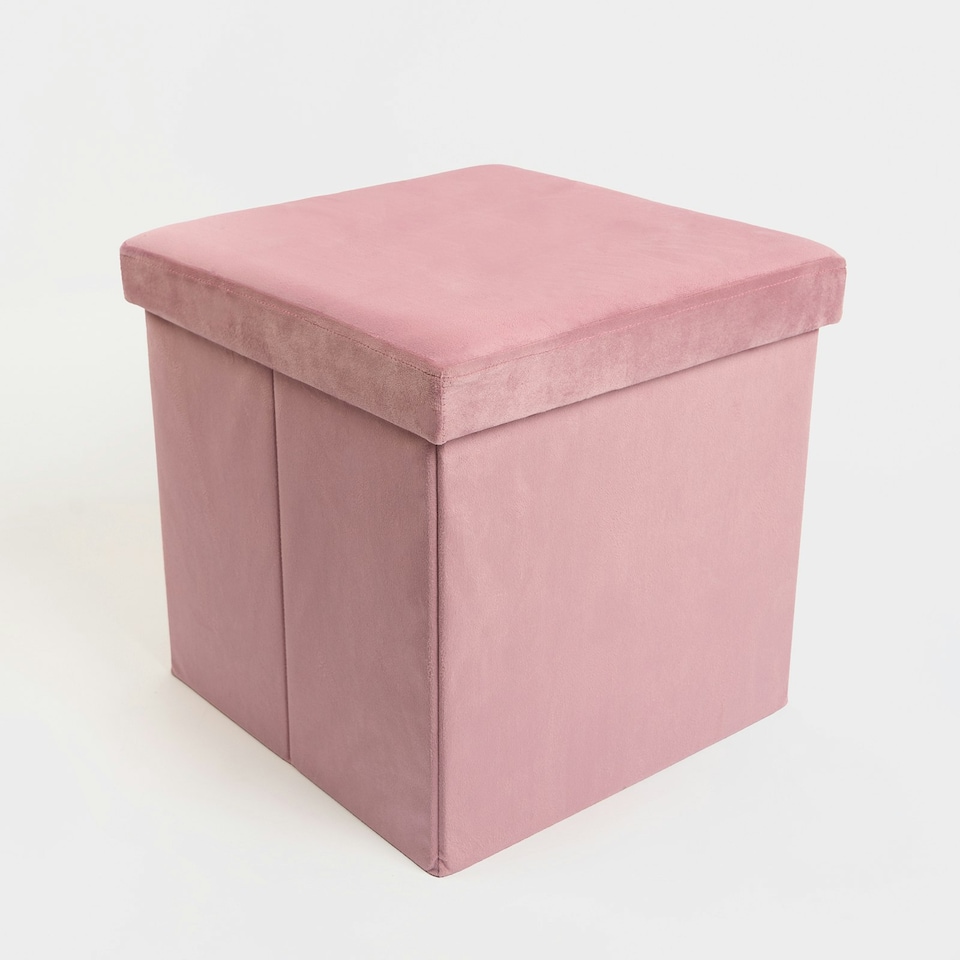 image 1 of OHS Matte Velvet Soft Foldable Cube Footstool Seat Storage Organiser Ottoman Pink | Blush Pink