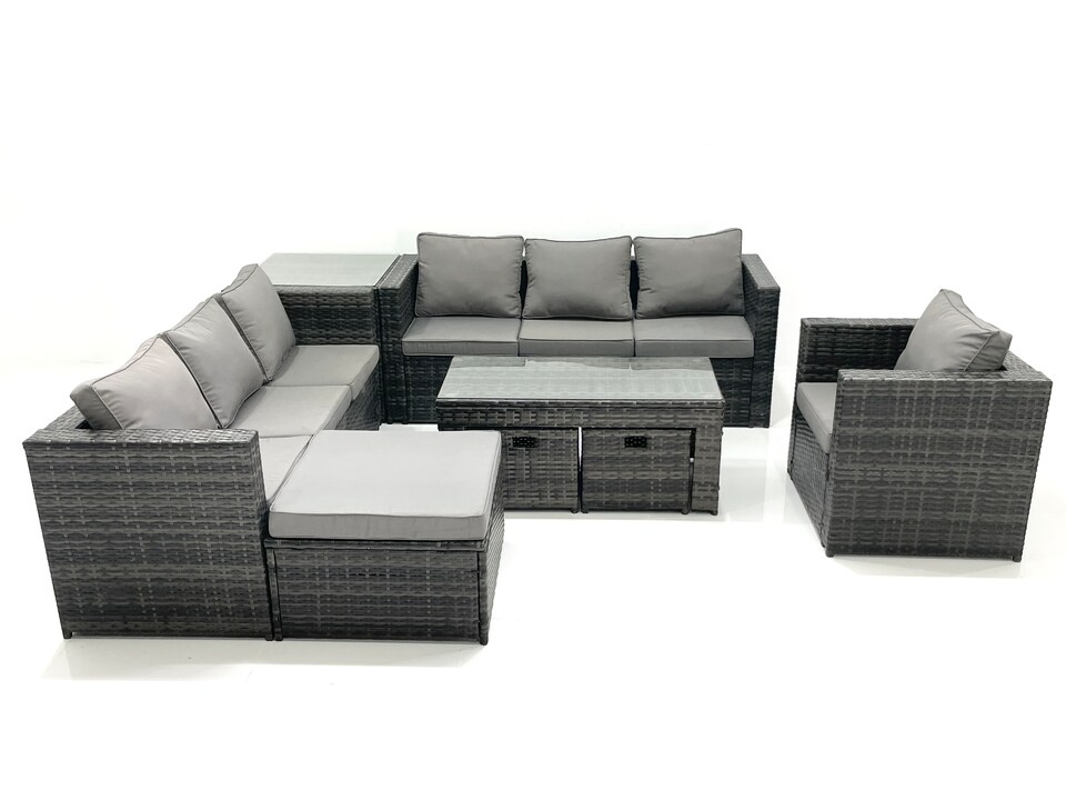 image 1 of Fimous Outdoor Garden Furniture Set 10 Seater Rattan Sofa Set with Coffee Table 3 Footstools Armchair Side Table Dark Grey Mixed