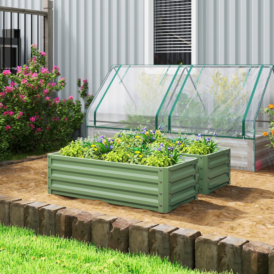 image 1 of Outsunny Set of 2 Raised Garden Bed Galvanised Planter Box, Light Green | Green | Green