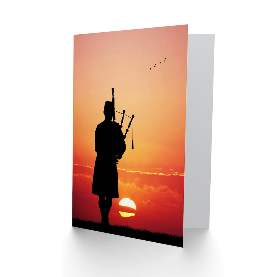 image 1 of Sunset Solitary Scots Piper Silhouette Scottish Card