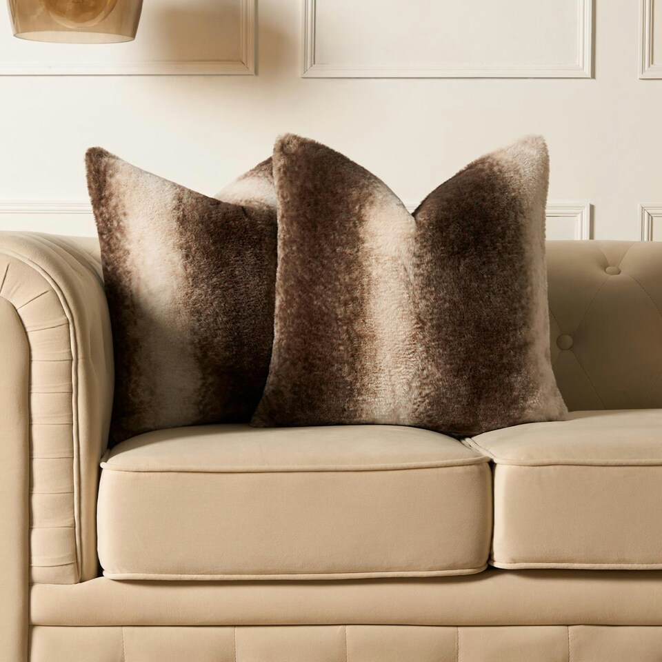 image 1 of OHS 2 x Faux Fur Striped Patterned Filled Cushions, 45x45cm - Brown