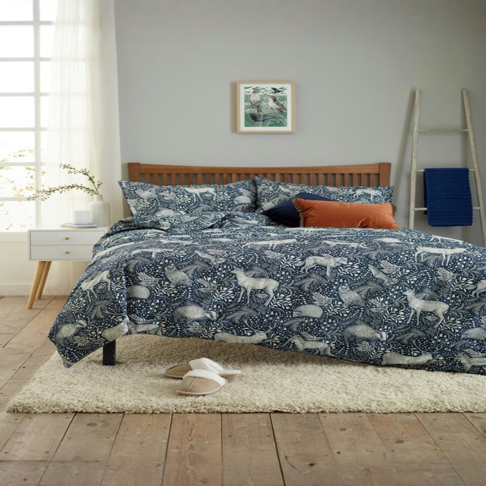 image 1 of Woodland Folk Cotton Blend Duvet Cover Set – Forest Print Bedding Green | King