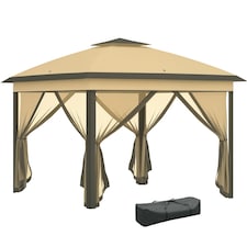 Outsunny 3.3 x 3.3m Pop Up Gazebo, Double Roof Foldable Canopy Tent with Zipped Mesh Sidewalls, Height Adjustable and Carrying Bag, Event Tent for Patio Garden, Beige