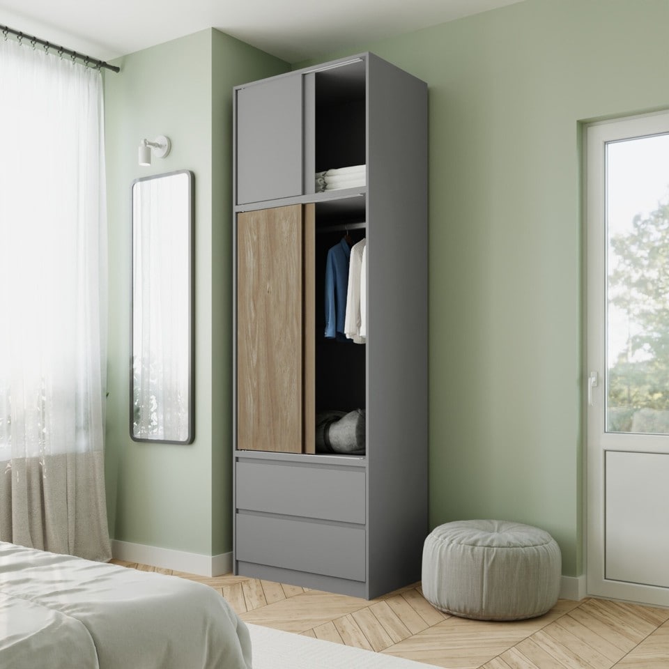 image 1 of 240cm 2 Sliding Doors Wardrobe Bedroom Storage Closet Hanging Rail Cupboard Unit | Multi | Grey Carcass & Oak Doors | 1