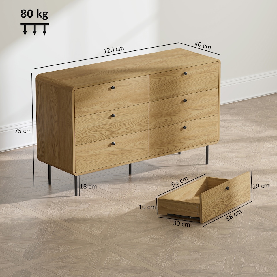 image 1 of HOMCOM Bedroom Chest of Drawers, Modern 6 Drawer Dresser with Rounded Corners and Steel Legs for Living Room, Hallway, Entryway, Oak