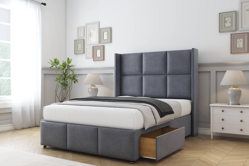 image 1 of Sloomy Beaumont Steel Plush Divan Bed With Mattress 2 Drawers Footend With 54" Wingback Headboard & 12" Matching Footboard 4'6 Double | Grey | Steel | Double | 1