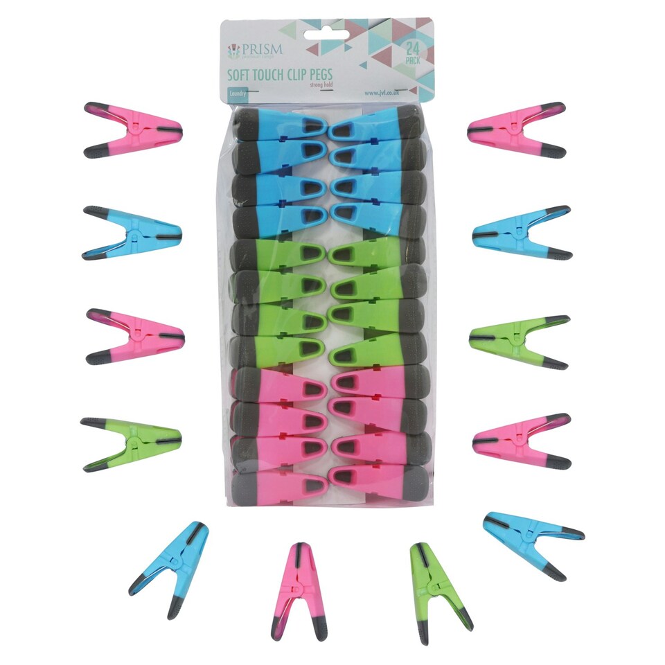image 1 of JVL Plastic Peg Basket, Grey with 48 Prism Soft Touch Clip Pegs, Multi