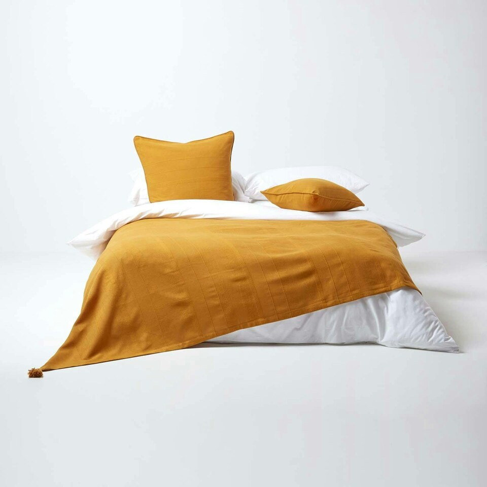 image 1 of Homescapes Cotton Rajput Ribbed Mustard Throw - 255 x 360 cm | Yellow | 1