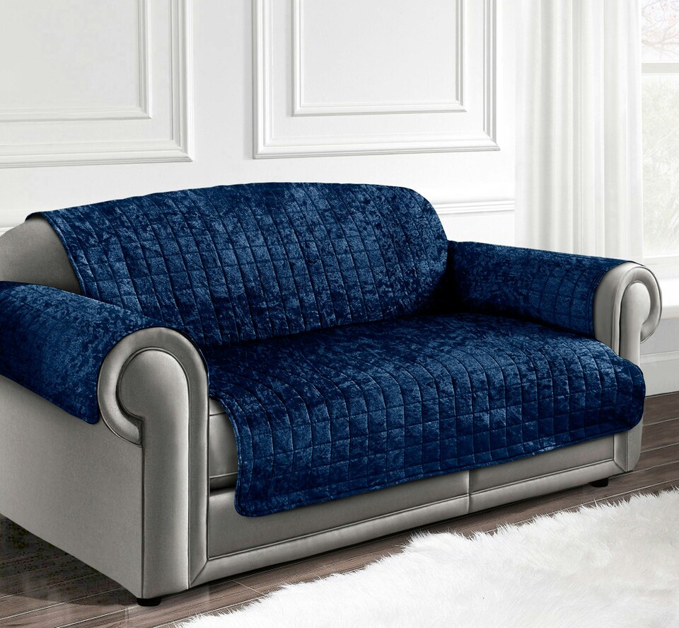 image 1 of Home Republic Luxury Crushed Velvet Sofa Protector - One Seater | Blue | Navy | 1