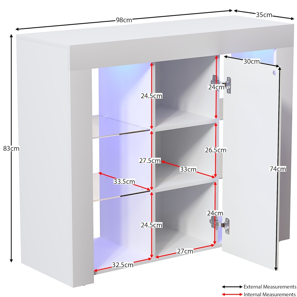 image 1 of Vida Designs Azura 1 Door LED Large Sideboard Buffet Cabinet Storage, White | White | 1