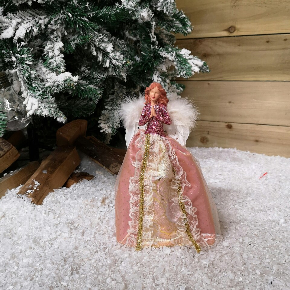 image 1 of 28cm Premier Christmas Tree Topper Angel Decoration with Feather Wings in Pink & Gold