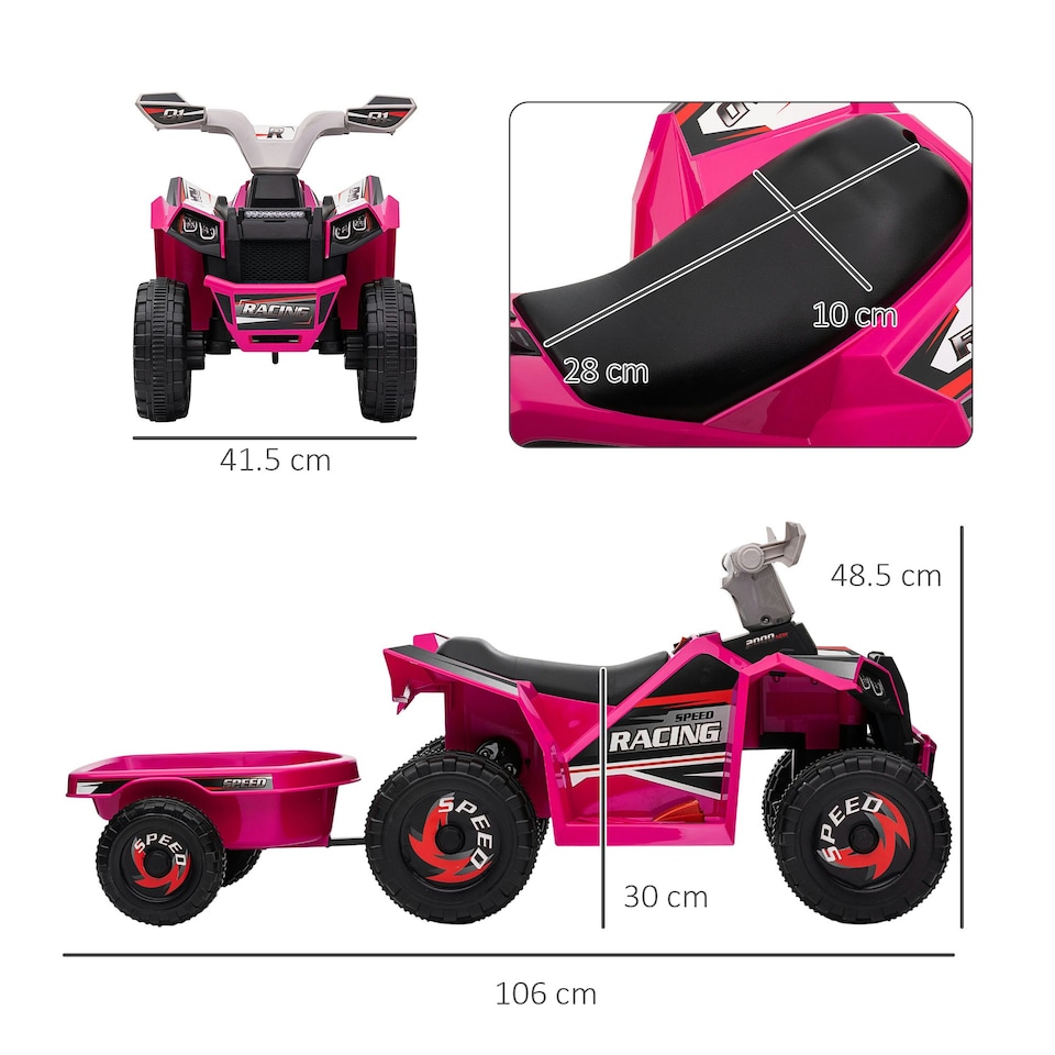image 1 of HOMCOM Electric Quad Bike, 6V Kids Ride-On ATV with Back Trailer - Pink